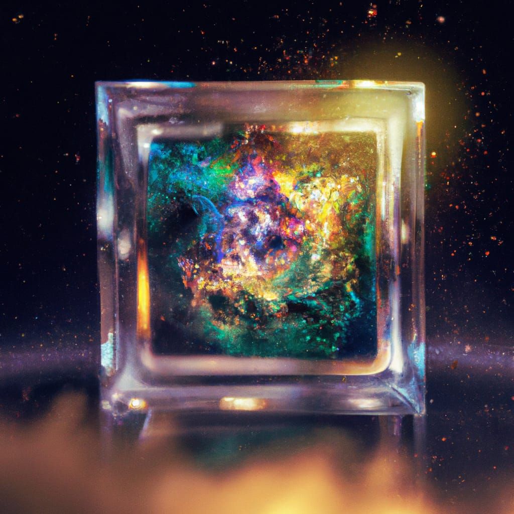 Colorful Universe inside a Glass Cube. Epic cinematic brilliant