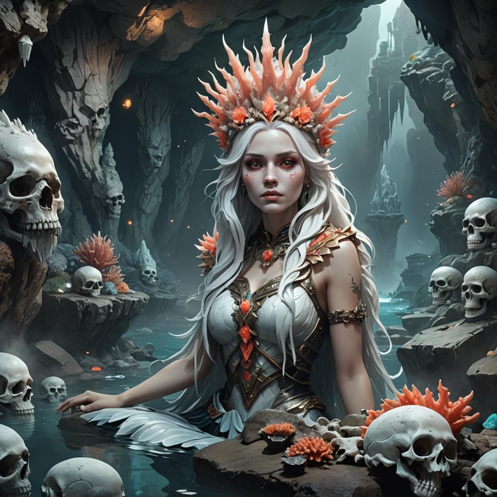 a siren with luscious white hair in a cave