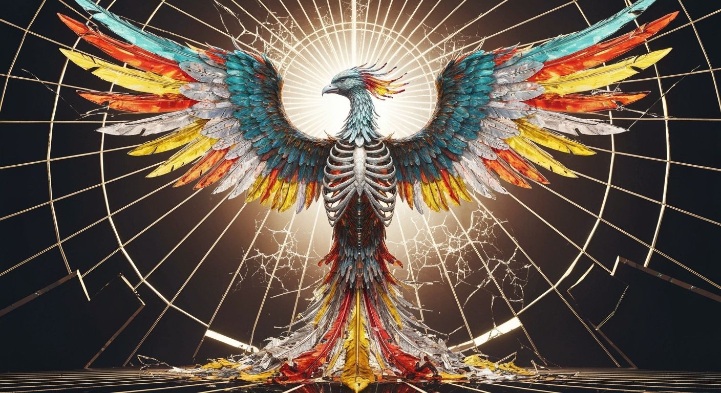 A surreal and vibrant depiction of a biomechanical phoenix emerging from a collapsed cathedral of light. ...  by @morr5750