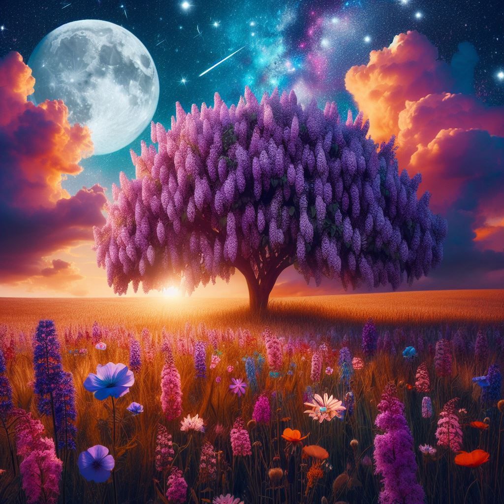 Lavender Tree Under Starry Night Sky