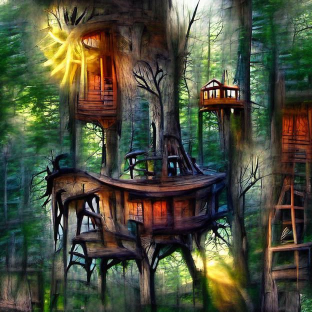 Treehouse in the deep dark sunlit forest (11) [artwork]