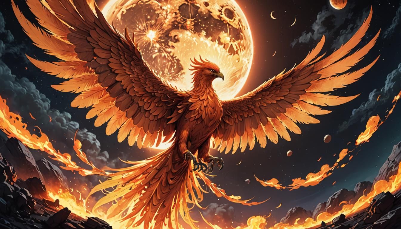 A Phoenix in front of the Moon with a wide flaming wingspan!  by @Pauly G