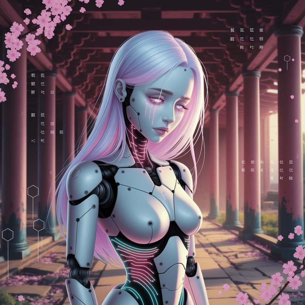 Cybernetic Android in Ruins with Pastel Pink Hair