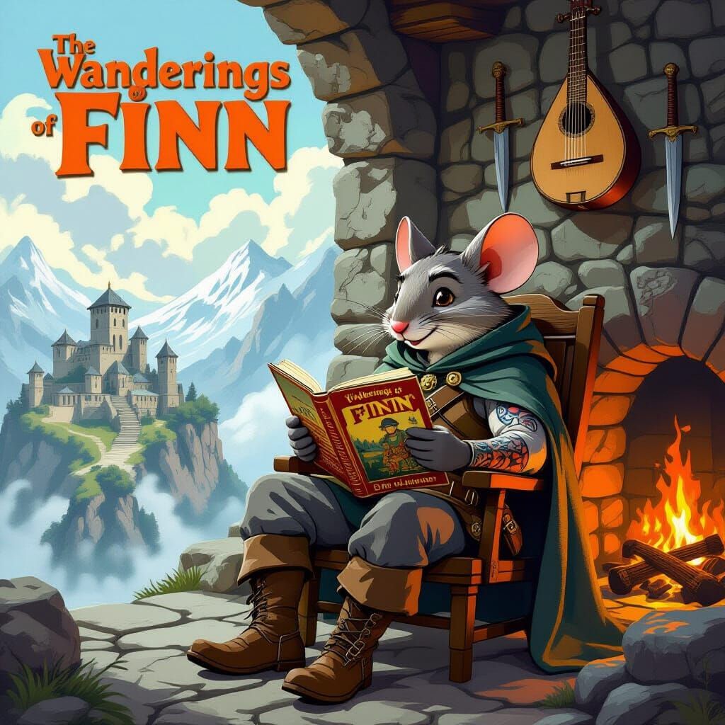 A highly detailed anthropomorphic mouse in shabby clothes, with a gray cloak on his back and head, boots on his feet, and tattooed arms. He ...