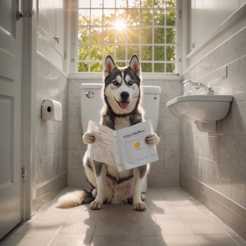A pregnant gray and white female husky using the toilet, the sun is shining through the window.