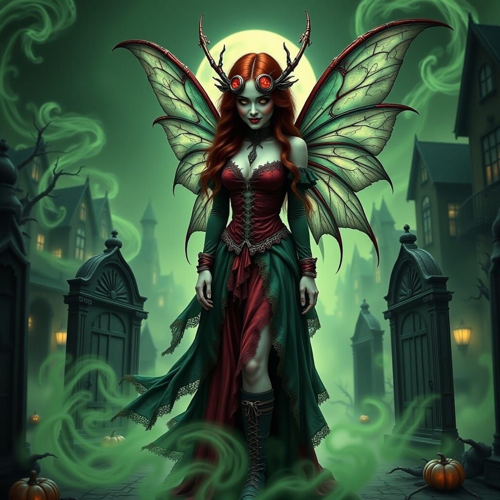 <lora:Halloween Females:1.0> Victorian cyberpunk pixie walking through a graveyard/ red long mismatched silk and lace gauzy gown/  green mis...