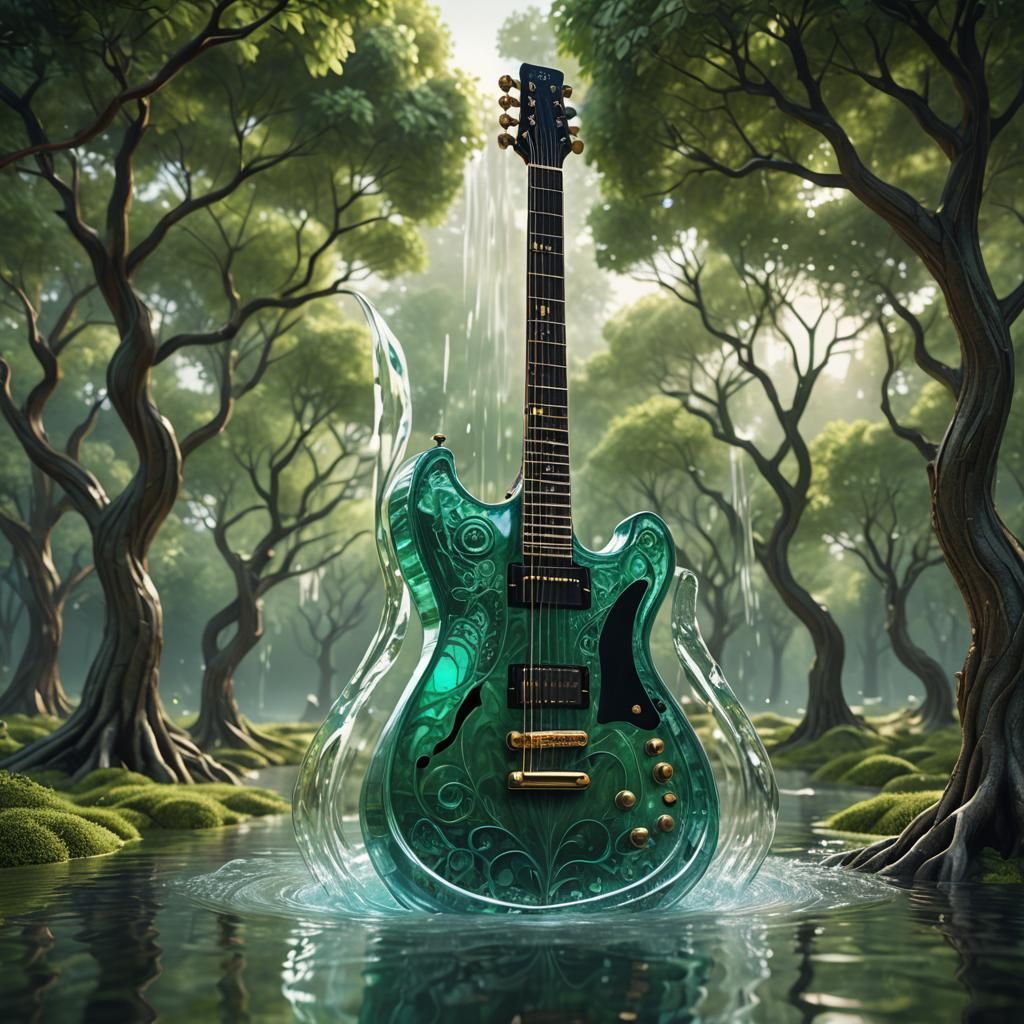 Glass Guitar in Green Square: Detailed Matte Painting