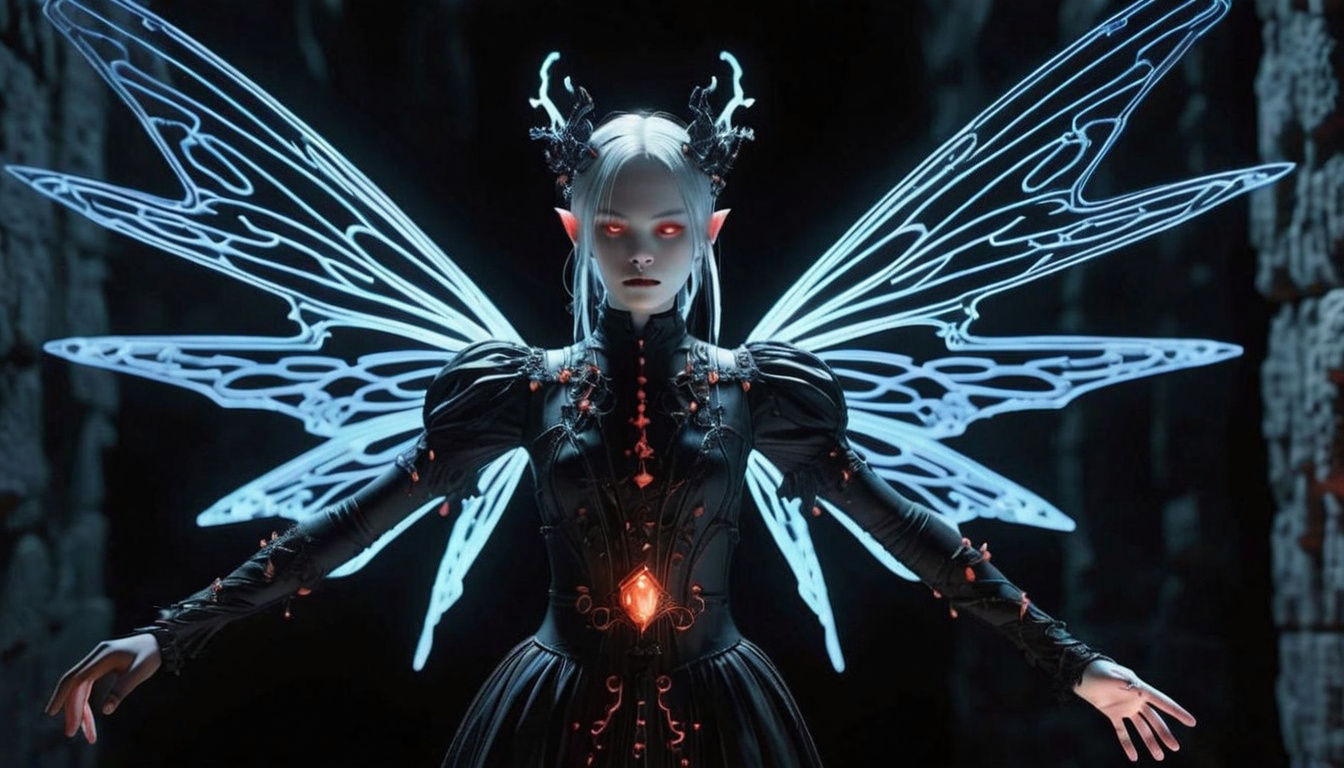 A gothic verbose fairy is crafted from black onyx, coral structures and interwoven with glowing circuits, suspended in a darkened catacomb. ...