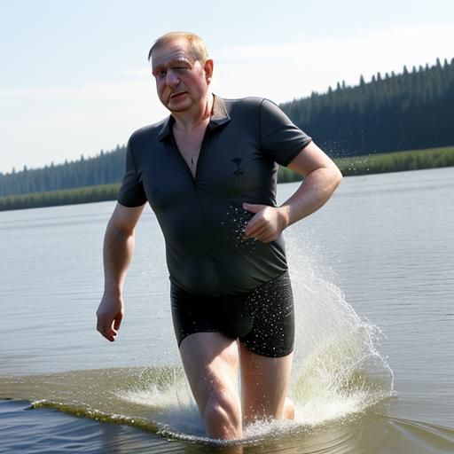 russian dad exiting water in a hurry