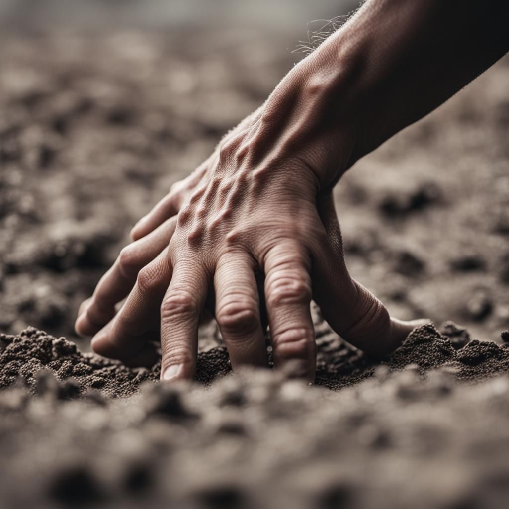 close-up of a crawling person's hand clawing the ground