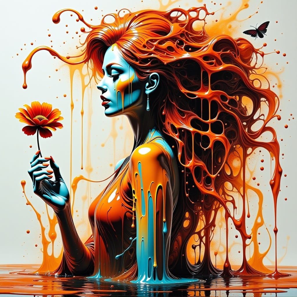 <lora:Acrylic Pouring Flux:1.0>  a stunning hair, orange clothes, boho styles, lace, village, river, Flowers, A Breathtaking Masterpiece Fan...