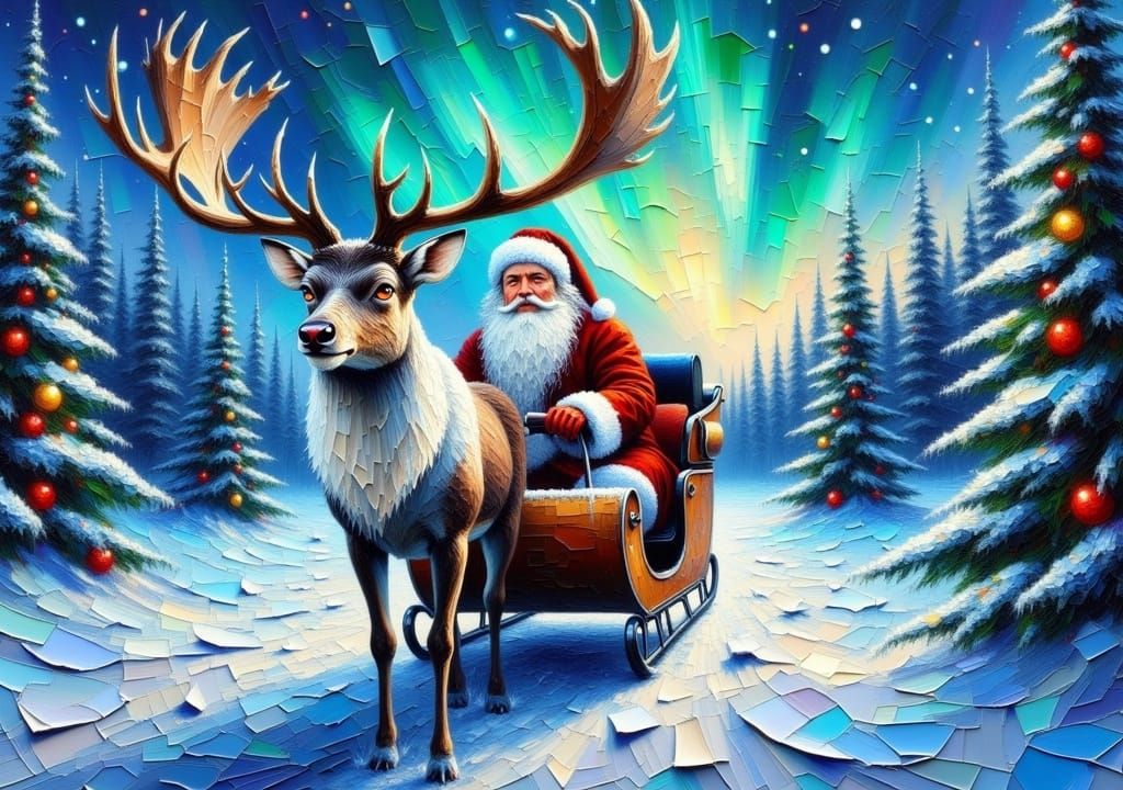 Expressionist impasto close-up painting from a low angle of a Reindeer in a magical beautiful Finnish setting. Amber eyes. The Reindeer is p...