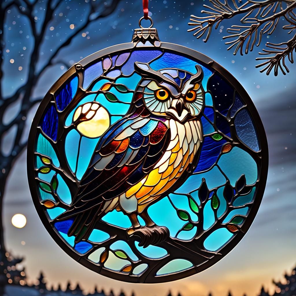 masterpiece, artisanal handcrafted stained glass ornament, stylized owl ...