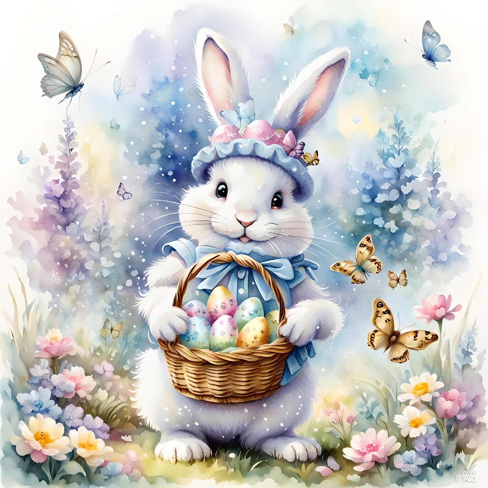 A cute fluffy Easter bunny wearing a bonnet, holding a basket of Easter eggs, butterflies, pale water ...  by @Irene
