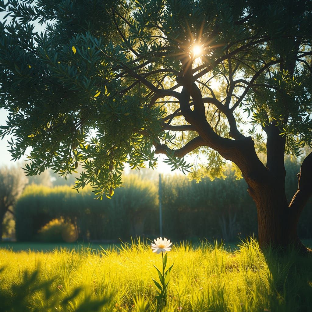 Dreaming of Olive Trees and Radiant Flowers in a Sunlit Gard...