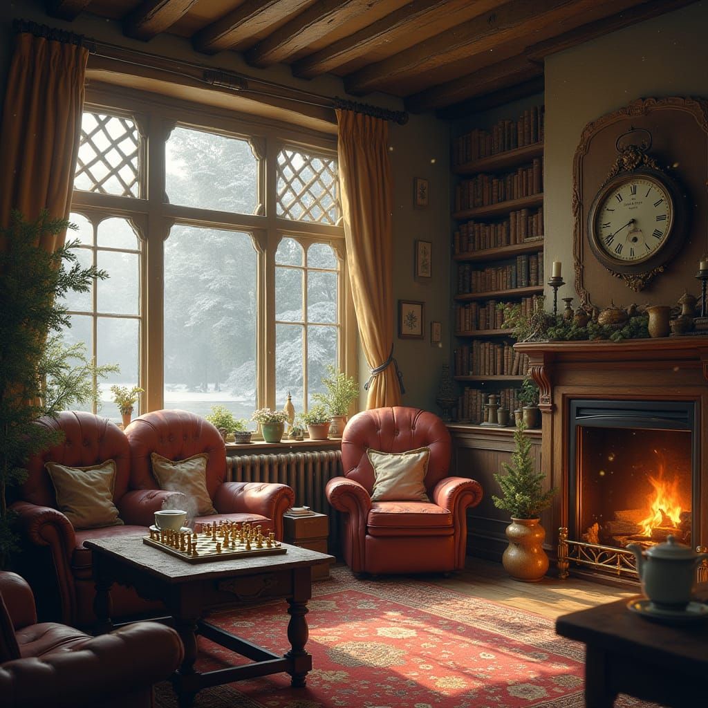 Cozy Cottage Interior with Fireplace, Soft Warmth
