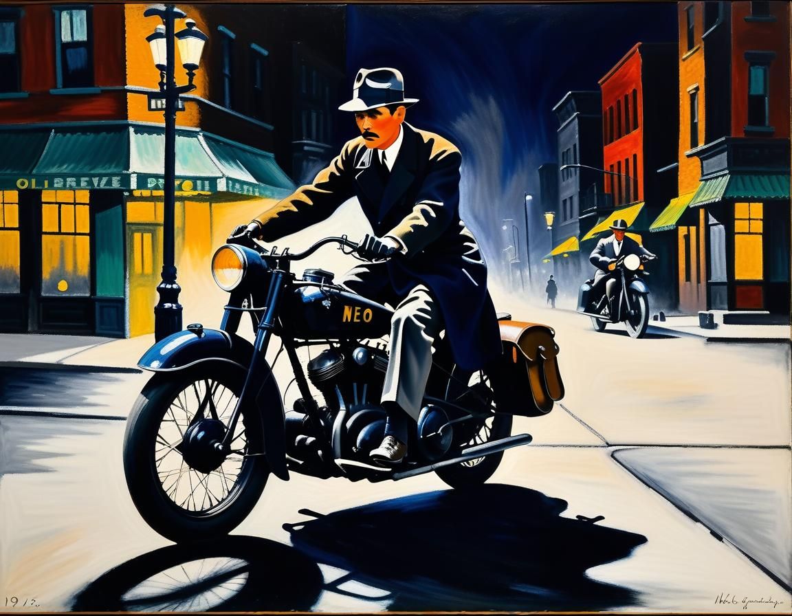 Another detective in 1930s Chicago, riding a motorcycle at n...