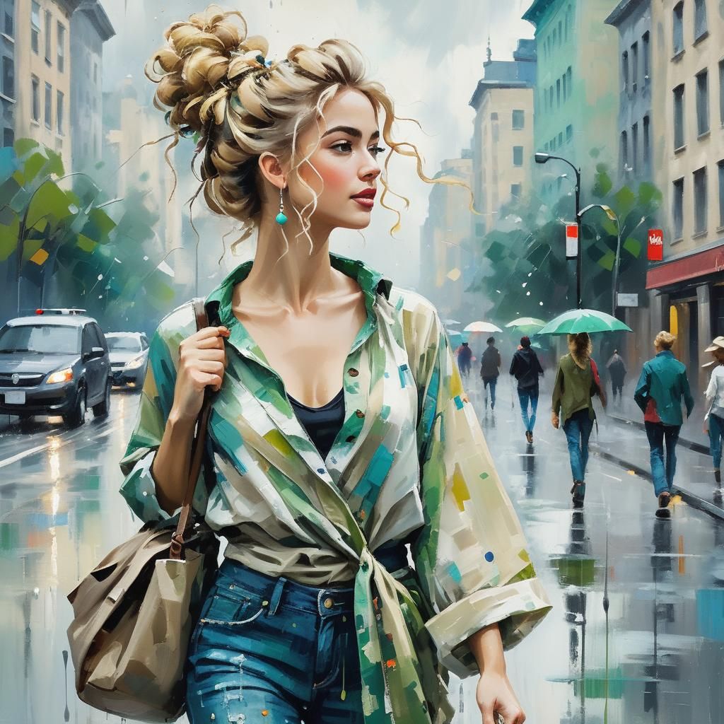 Beautiful woman, blonde curly hair, bun, blouse style boho a...