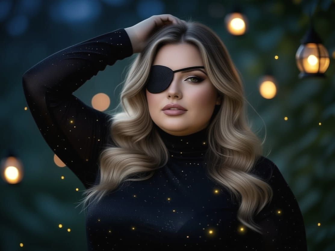 Dynamic photo portrait of a plus size eyepatch woman with wavy blonde hair in black glitter dress