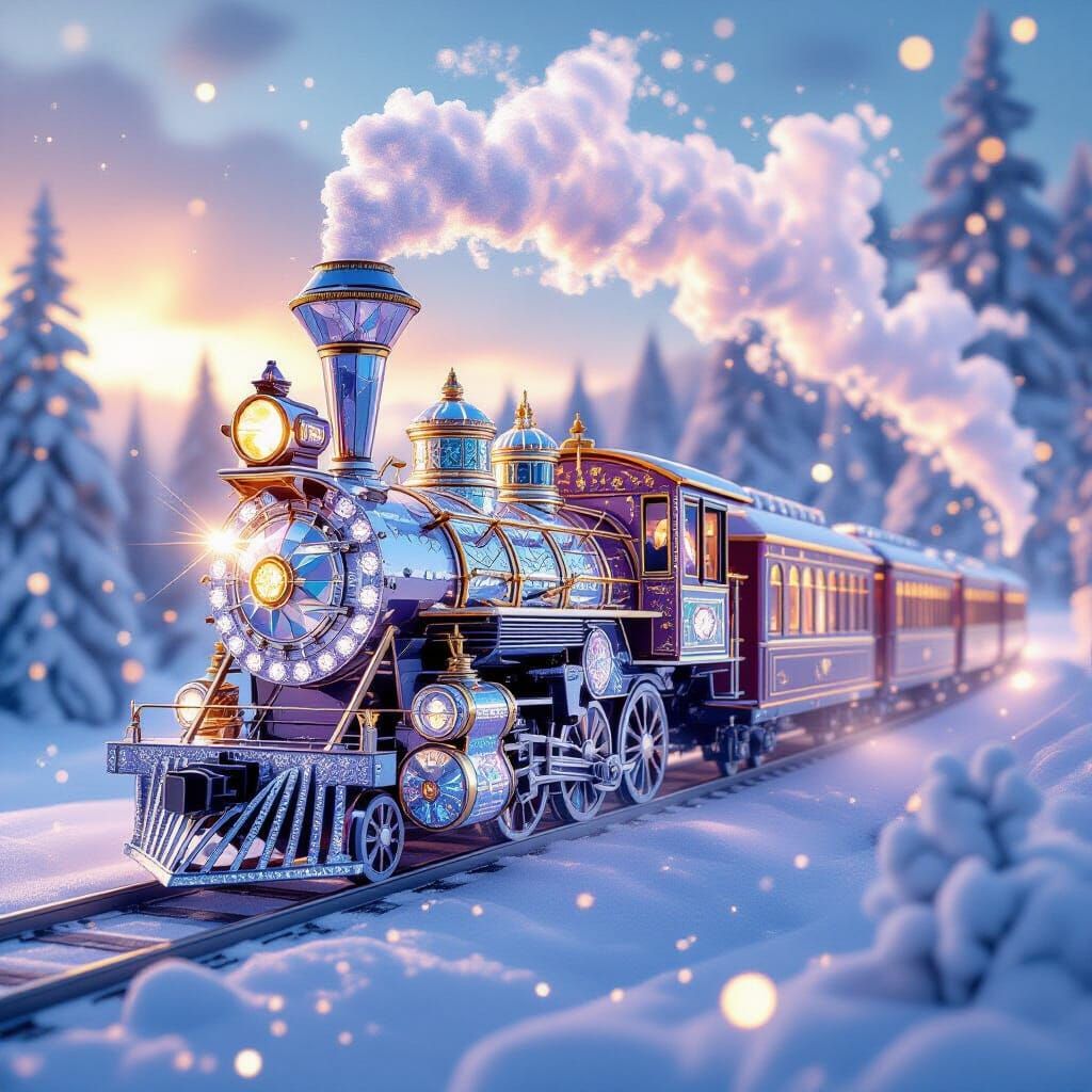 A breathtaking fantasy illustration of a magical train made entirely from sparkling Swarovski-like crystals, ...  by @addell