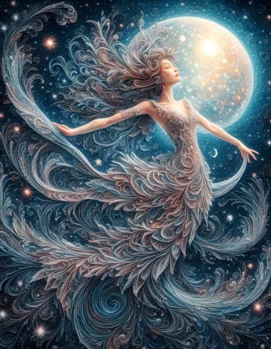 A swirling lotus fairy, playful pose, starry sky, shining moon, detailed, <lora:Moonlit lines:1.0> ethereal, fantasy, sharp, sharp focus