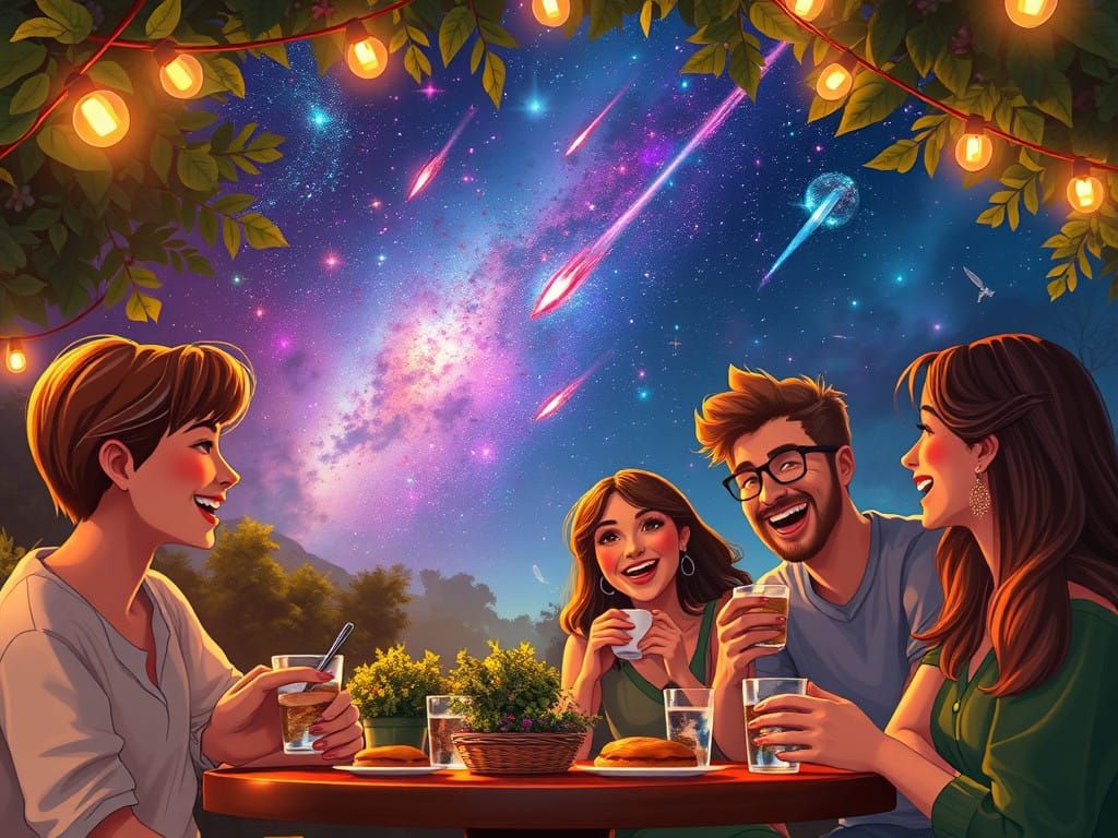 A completely realistic image of friends enjoying coffee and pastries under the light of meteors and stars in a fun and beautiful environment...