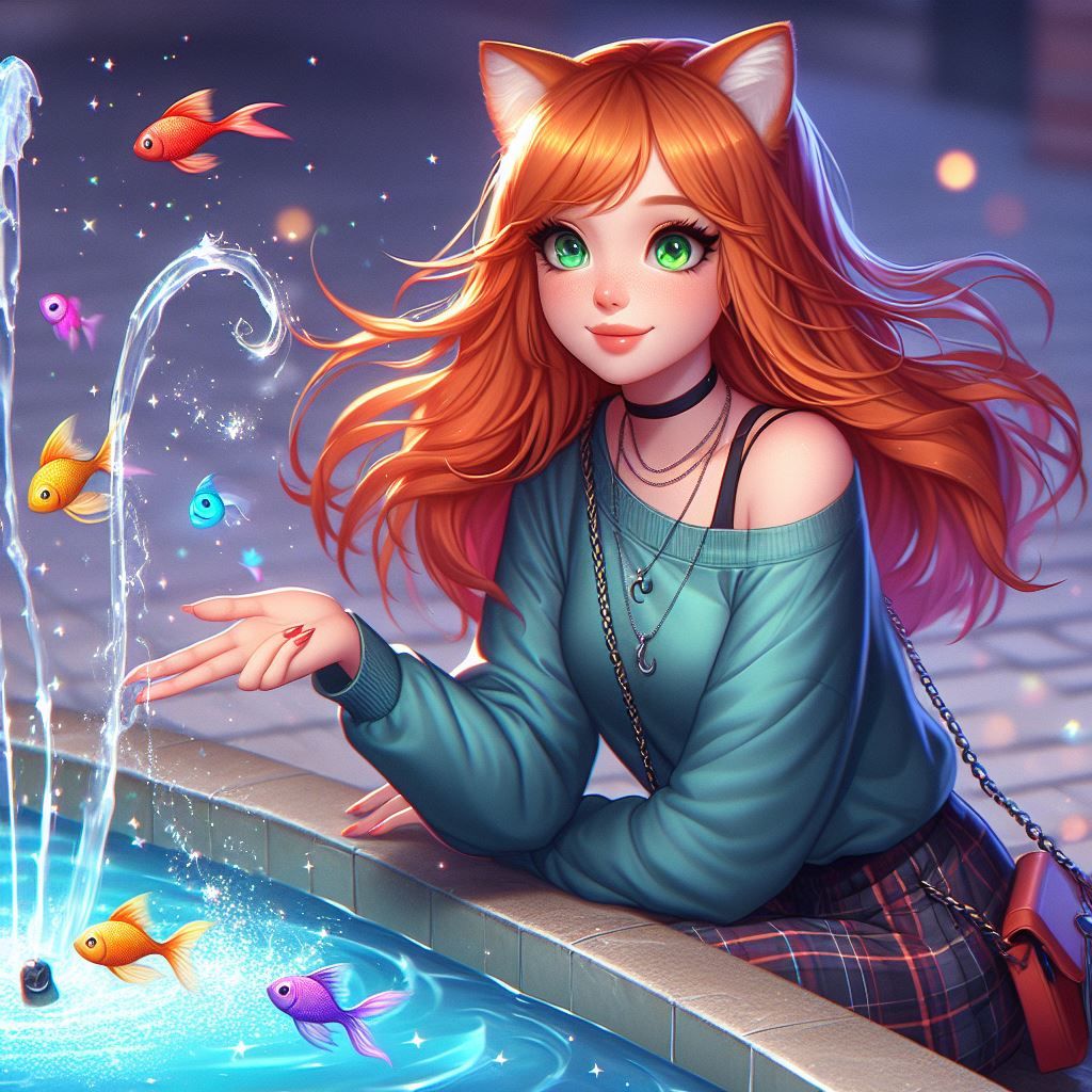 Cute redhead playing with fish at the fountain