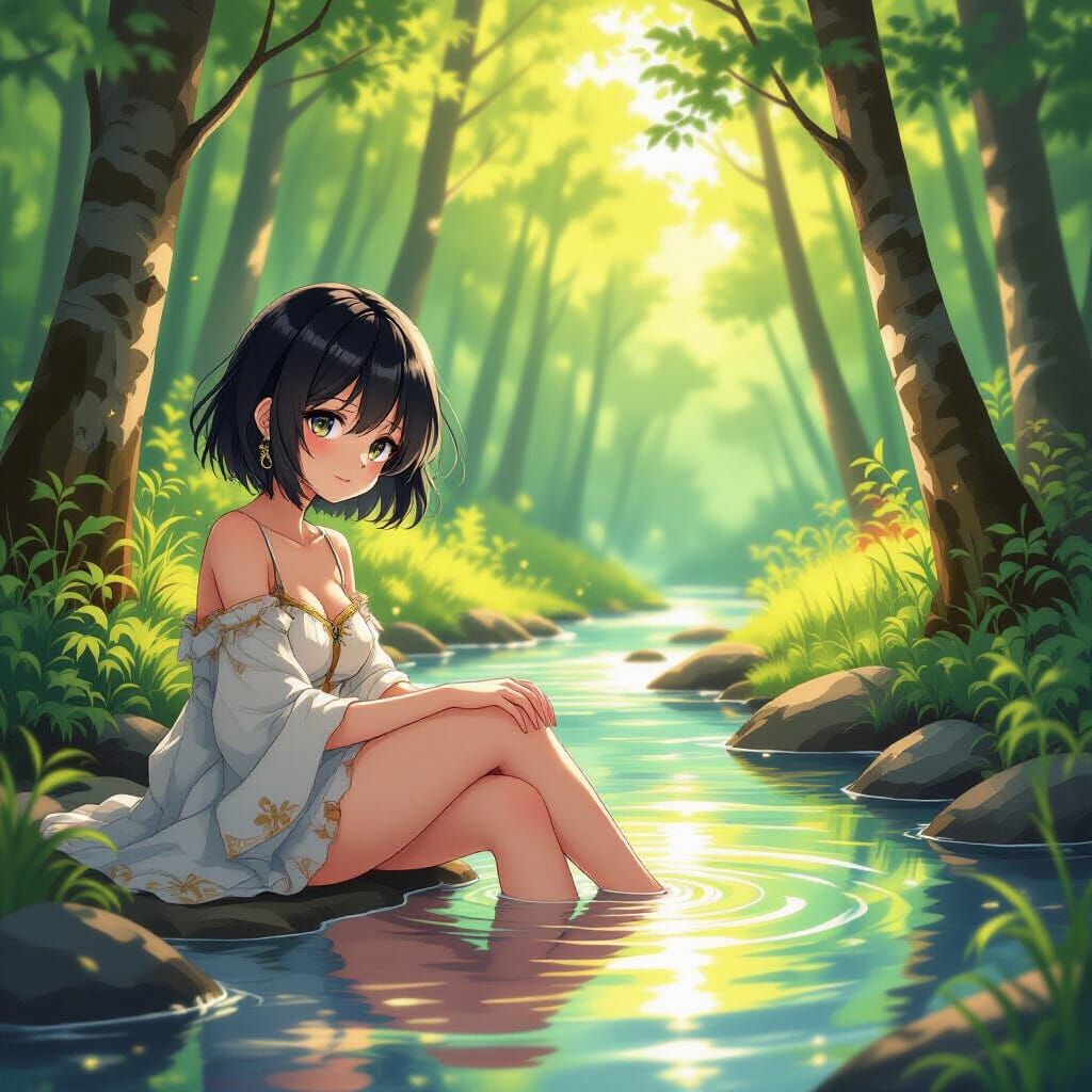 Anime Girl by Golden River in Enchanted Forest