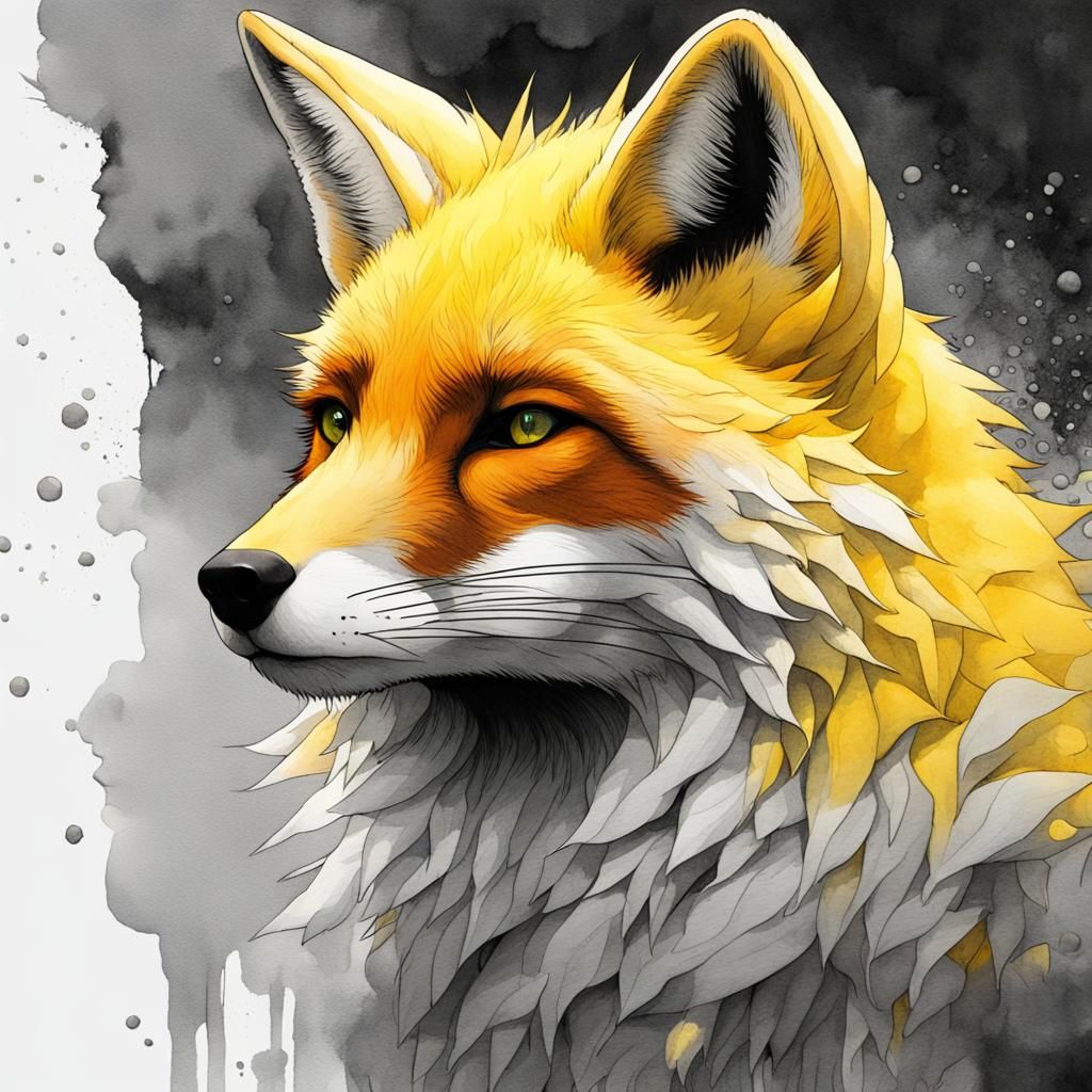 a yellow fox on a black and white background as drawned by m...