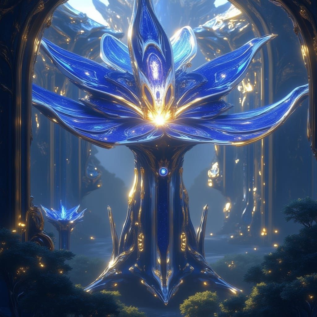 a digitally enchanted <lora:Vorthalune II:1.3> against a backdrop of a dark forest. The flower has multiple layers of petals, each glowing w...