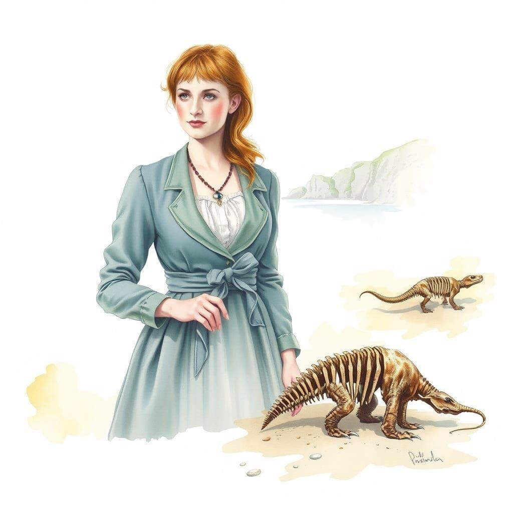 "A watercolor painting of Mary Anning beside a Jurassic fossil  by @Hiddentalent