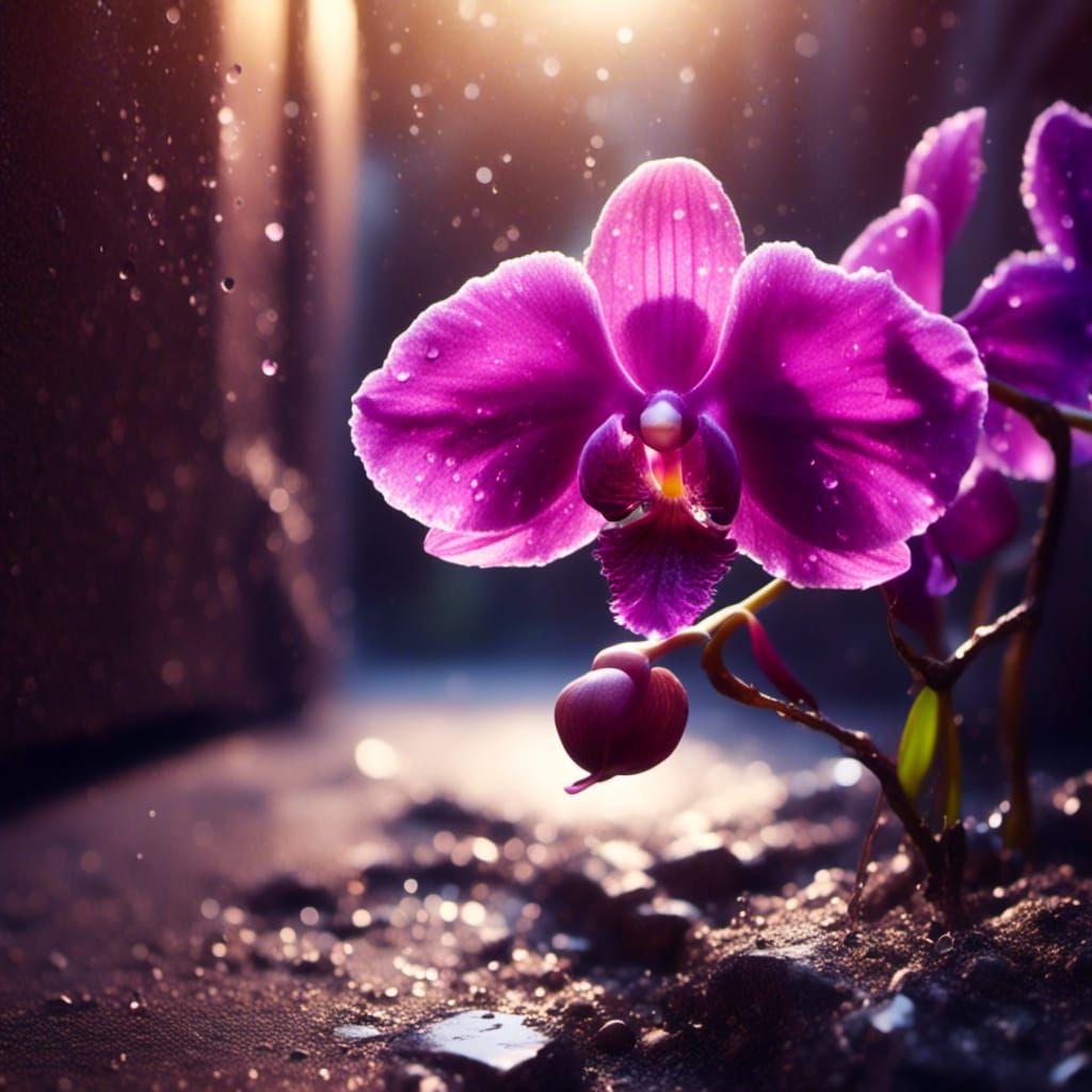 Vibrant Orchid Growing from Sidewalk Crack: Macro Photograph...