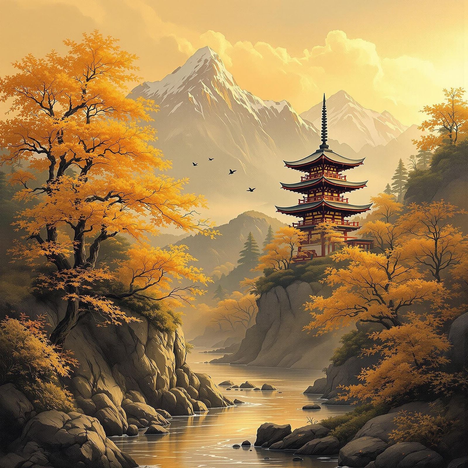 A   serene, picturesque landscape with a traditional Japanese pagoda nestled amidst a valley.  Golden ...  by @Richcruise Liu