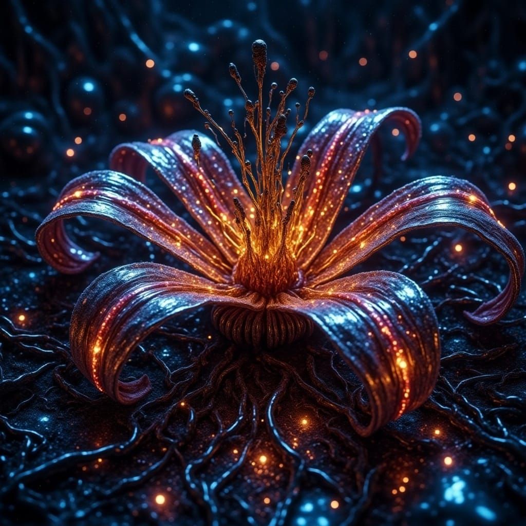 extreme macro close-up, realism to ink art, a perfect delicate GLASS Lily, fireflies, intricate, reflections, maximalism, Leonid Afremov, ex...