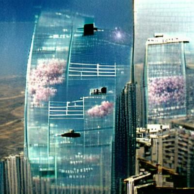 Glass skyscraper in cosmos piano women