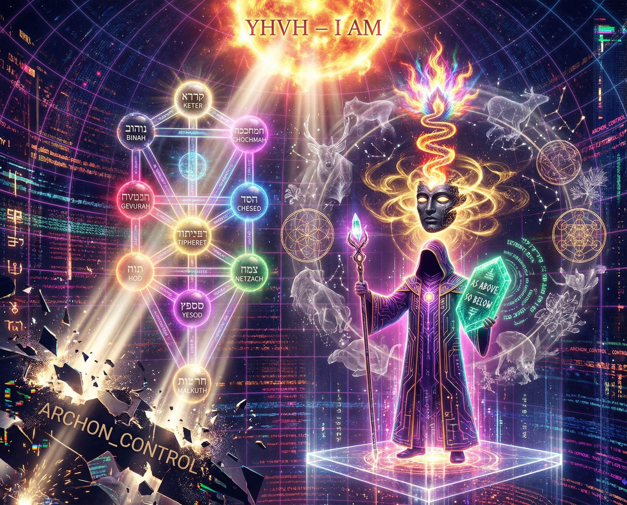 LIBERATE_MATRIX, a mystical operating system of the soul: depict a lone awakened hacker-shaman standing inside a glowing cosmic code-temple,...