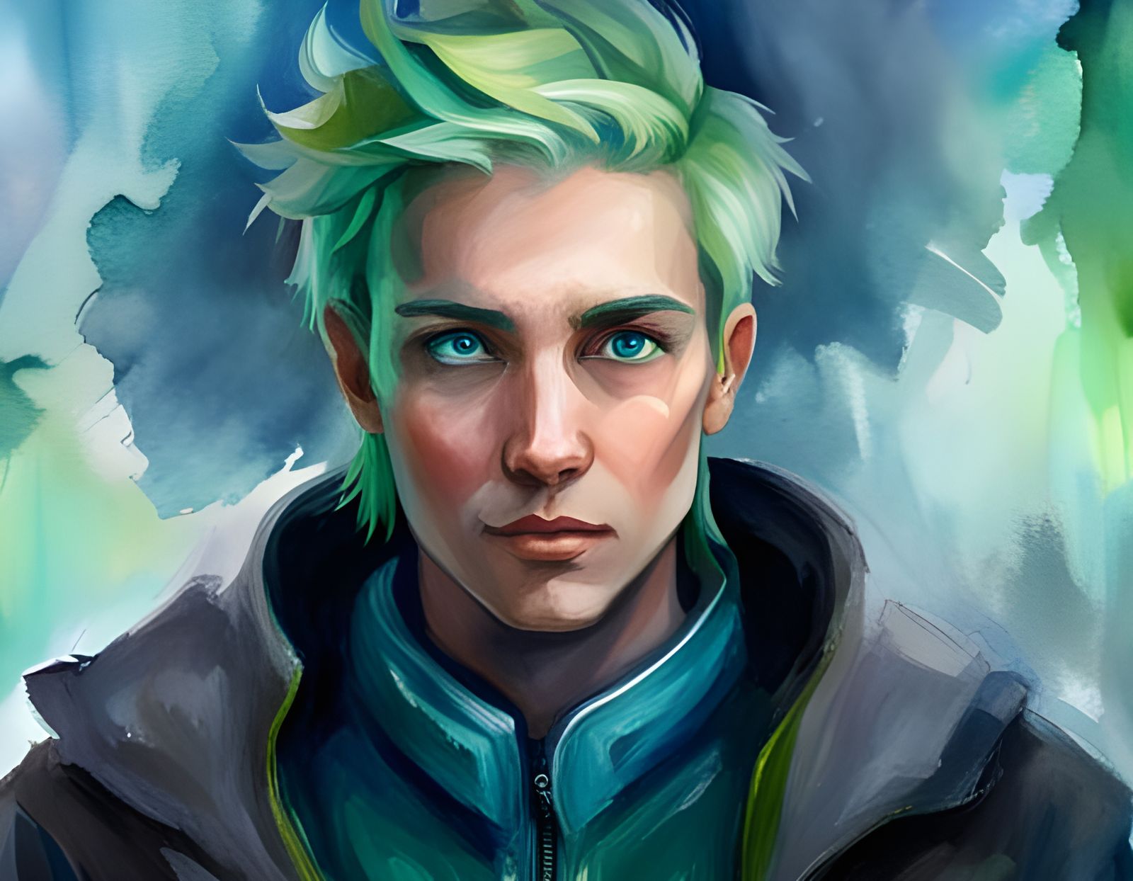 detailed energetic androgynous green-haired valorant character portrait ...
