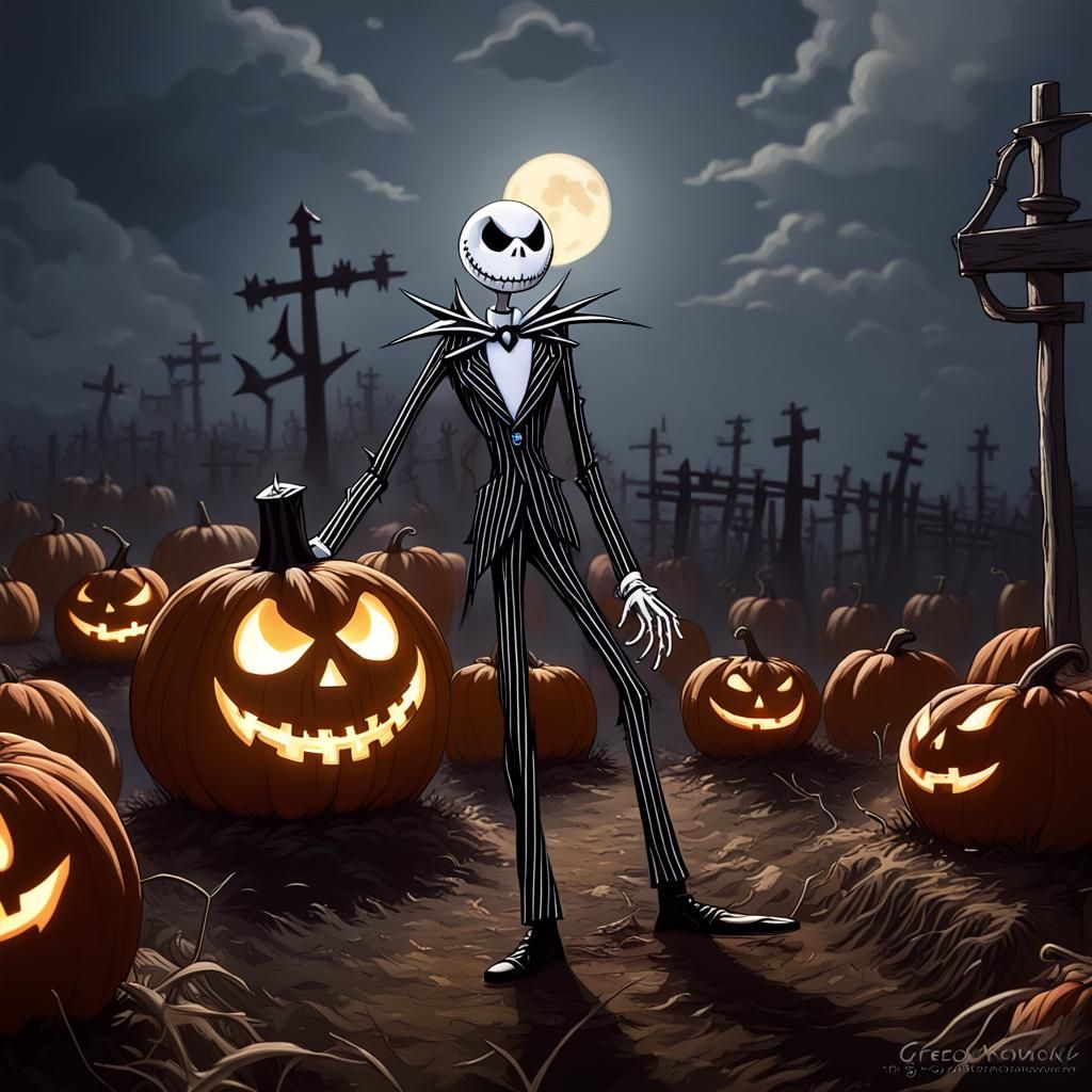 jack Skellington in front of the full moon pumpkin patch - AI Generated ...