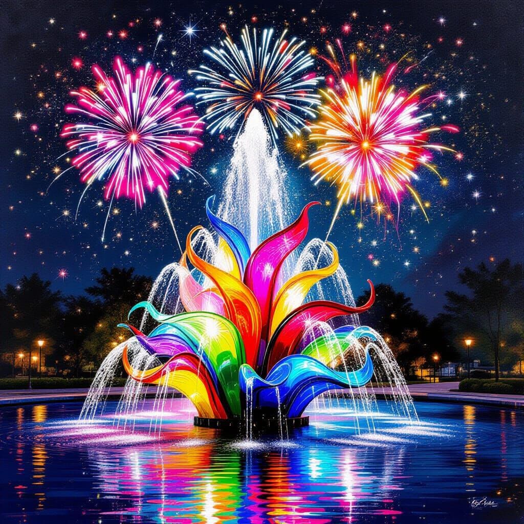 Colorful glass chihuly Fountain against a sparkling brilliant fireworks display. graffiti art, splash ...  by @Pippy