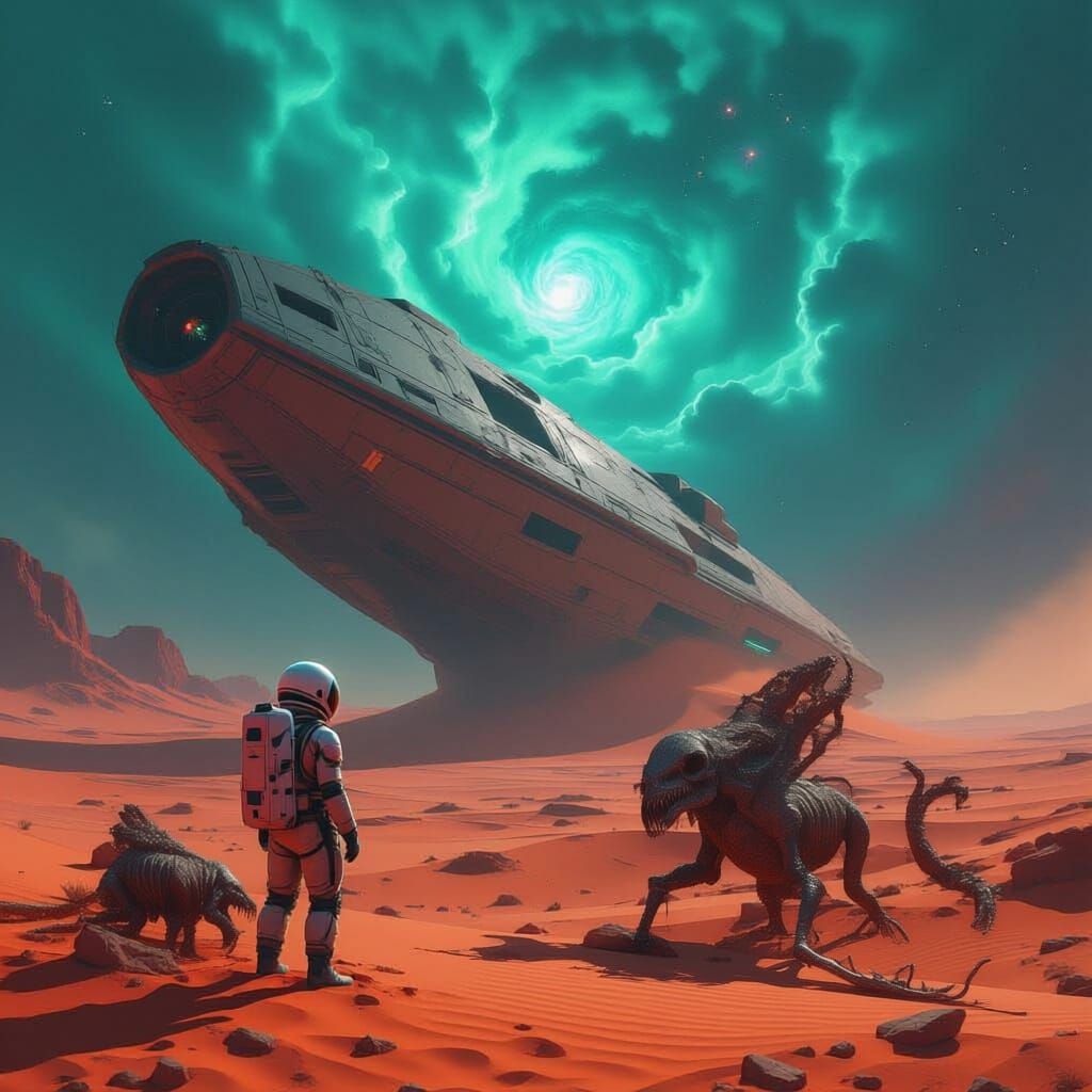 A lone, weathered astronaut stands on a desolate alien planet, gazing at a colossal, ancient spaceship half-buried in the crimson sand. The ...