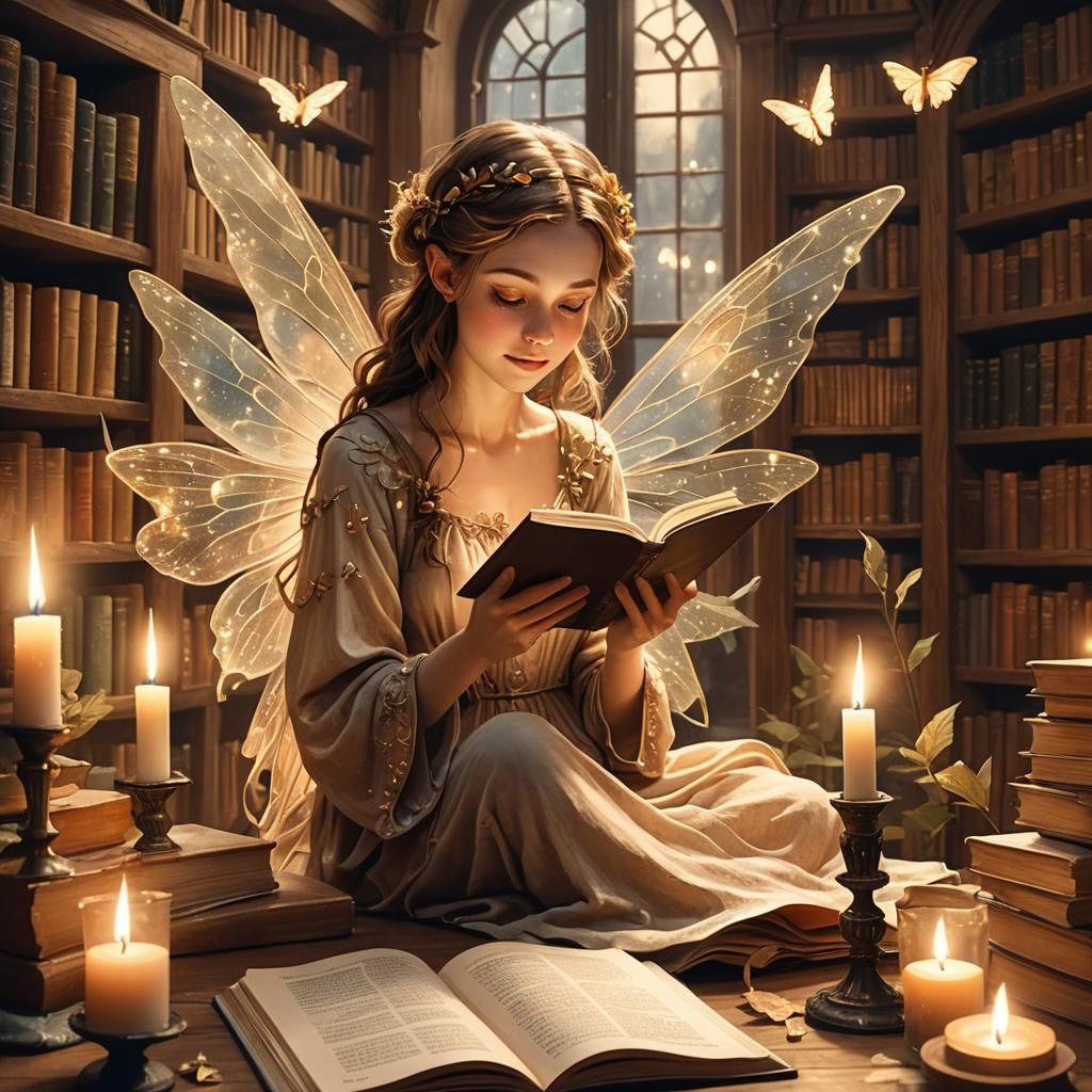Fairy caught reading  by @Bookstore person