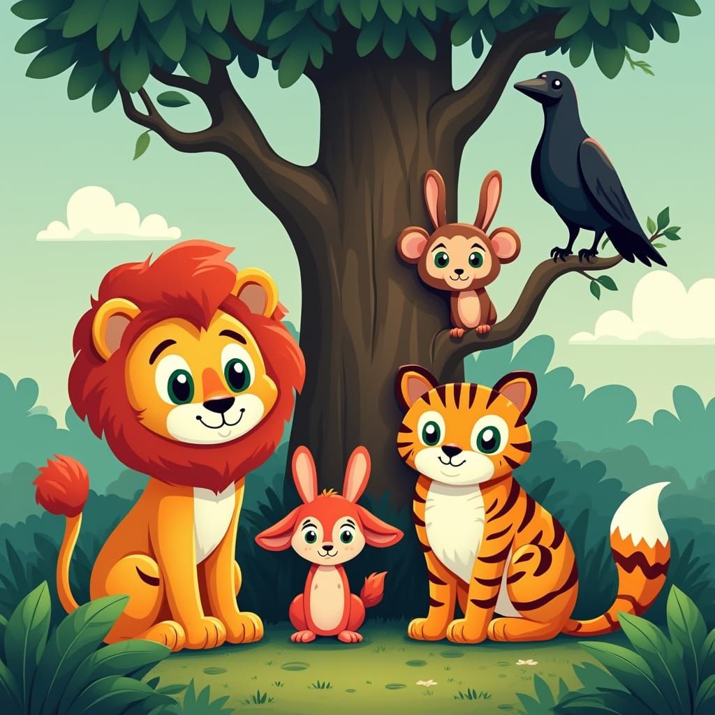flat cartoon image of a jungle with close up. the scene strictly contains one lion, one tiger, only one fox, a crow on the branch, only one ...