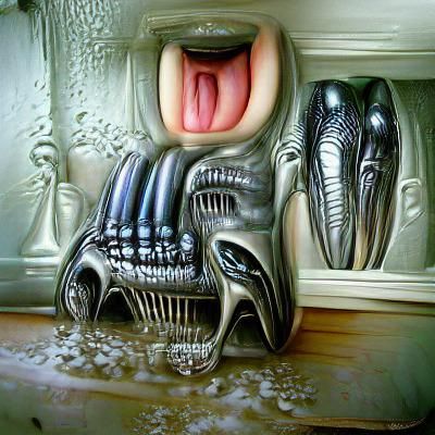 Wet teeth engulf your house H.R. Giger pop art surrealism