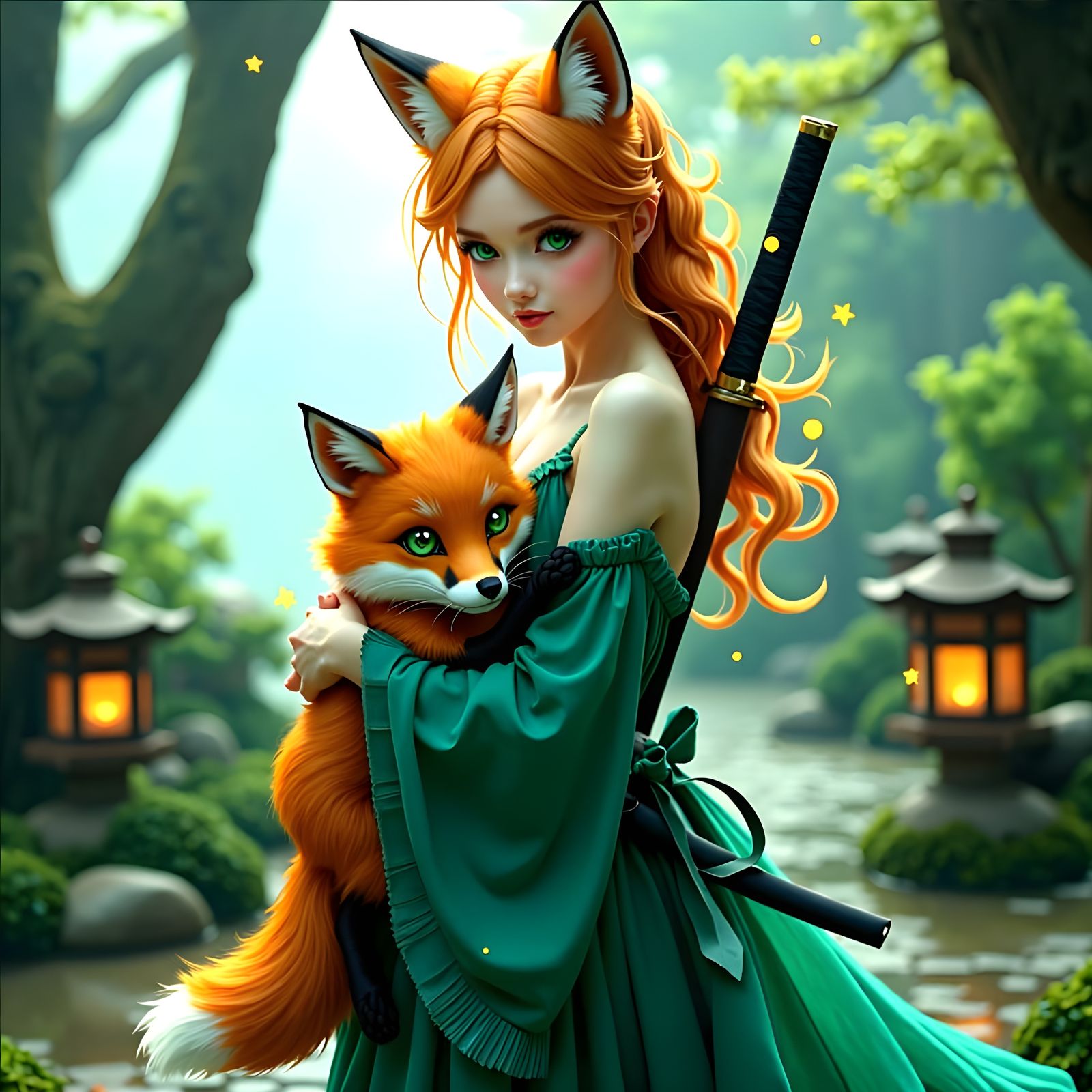 Emerald Eyes Kitsune and Fox