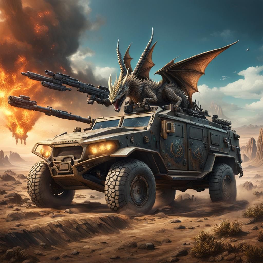 off-road wasteland armored vehicle with guns dragon flying i...