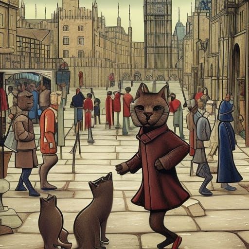 anthropamorphic cats as figues in an L S Lowry scene Mark Br...