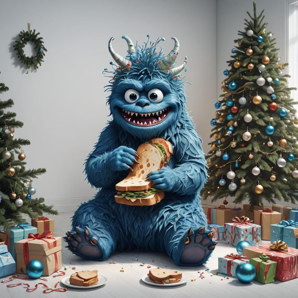 good-natured big blue monster sitting on the floor eating a ...