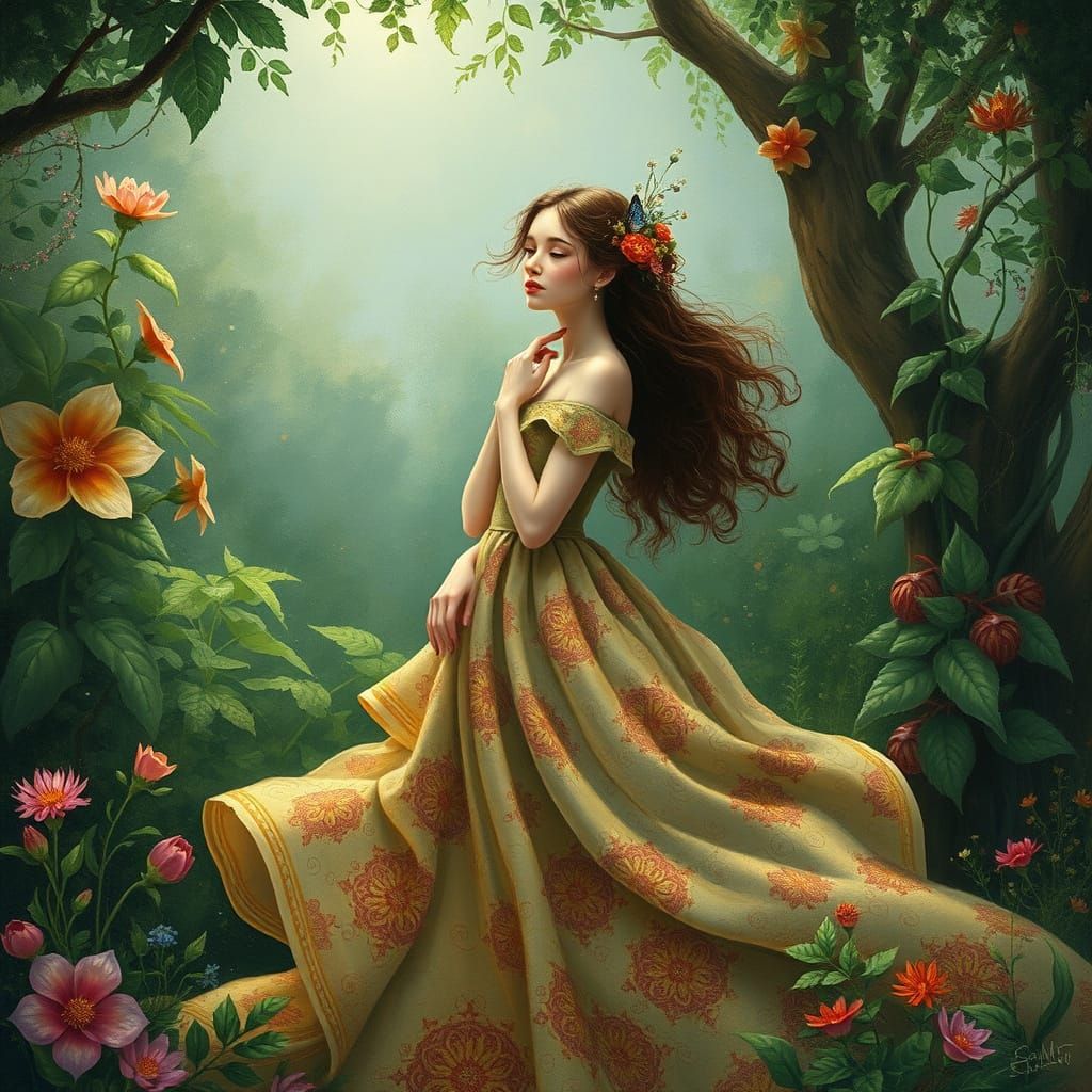 Dreamlike Portrait of a Woman in Whimsical Fantasy Setting