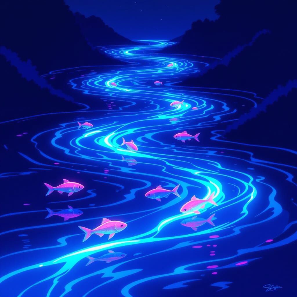 Neon Light River With Transparent Fish At Night