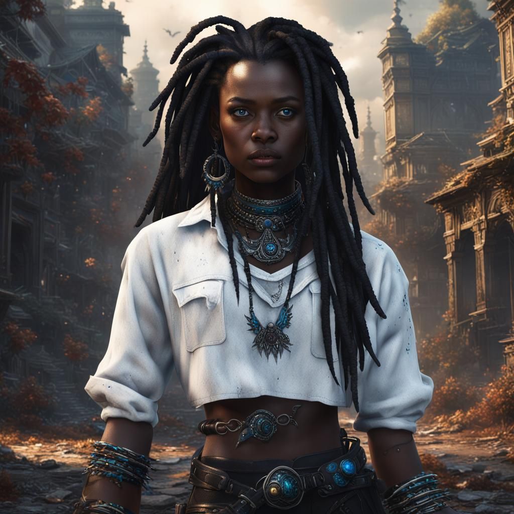 Dark skinned woman. Black hair. Dreadlocks. Blue eyes. White...